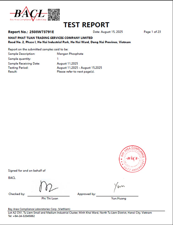 Báo cáo kiểm nghiệm BACL Mangan Phosphate
